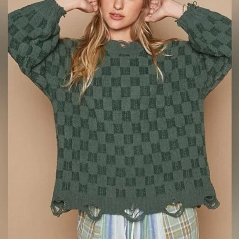 POL Checkered Distressed Edge Sweater